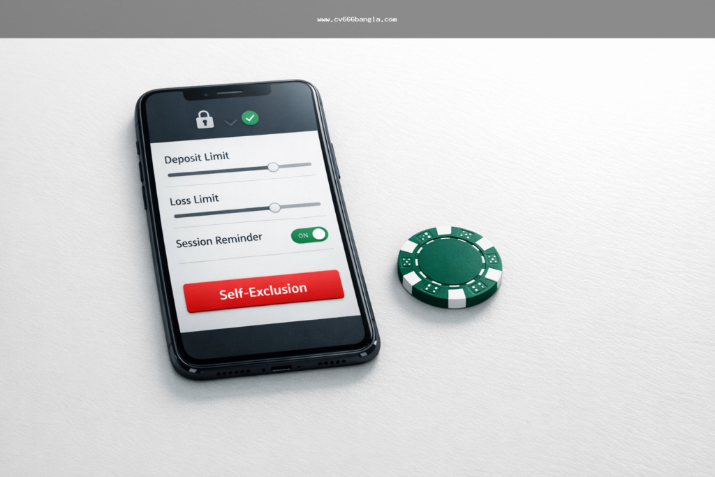 Responsible gaming visual with mobile casino interface, limit reminder, and 18+ badge