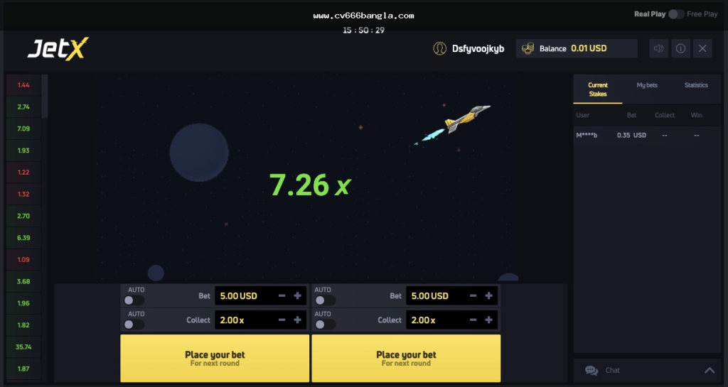 JetX game interface showing jet, multiplier chart, and cash out button